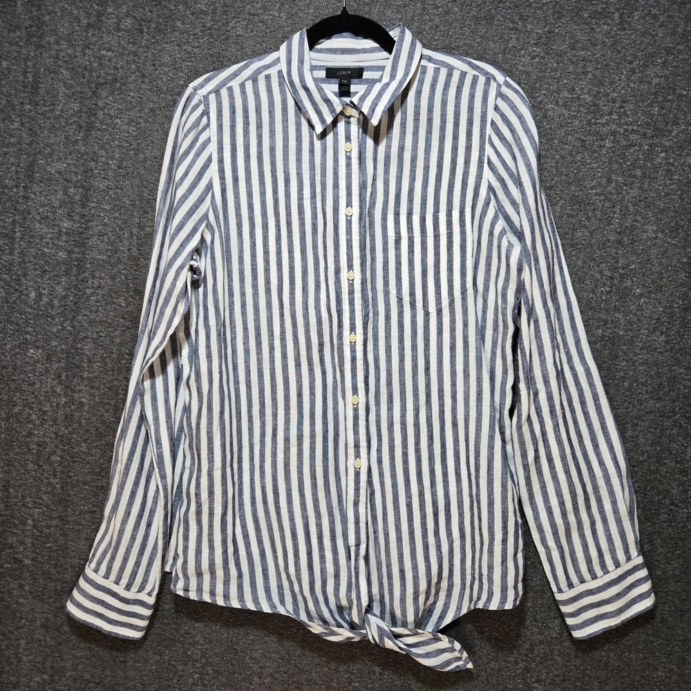 J Crew Linen Shirt Womens 10 Tall‎ Blue Stripe Long Sleeve Waist Tie Button Up